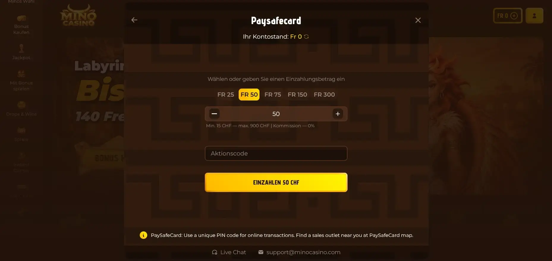 Mino Paysafecard-Casino Einzahlungen zwischen 15 und 900 CHF ohne Kommission Mino Casino Paysafecard-Einzahlung Formular