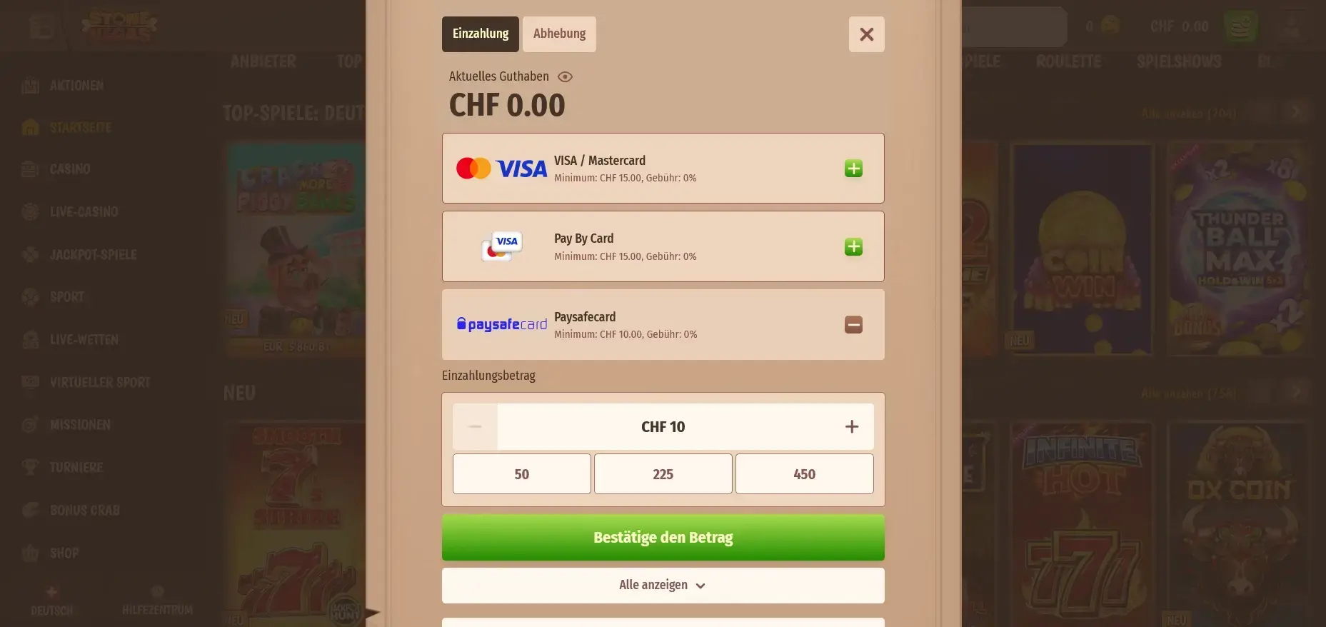 StoneVegas Paysafecard-Casino – gebührenfreie Zahlungsmethoden ab 10 CHF StoneVegas Paysafecard-Casino Zahlungsoptionen