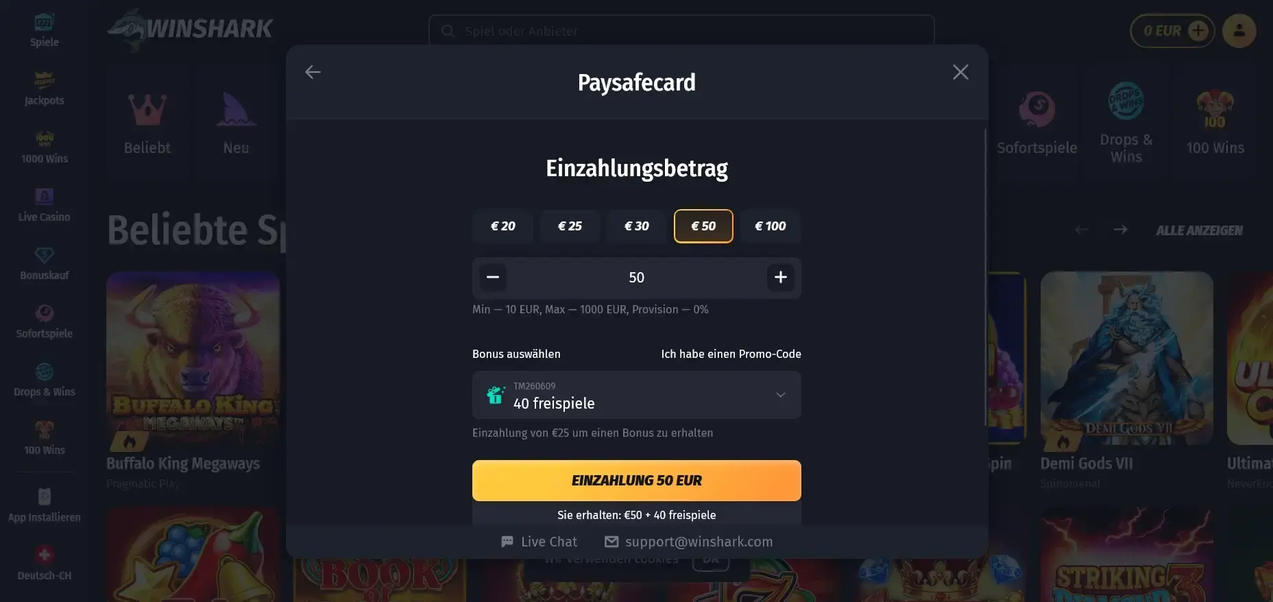 WinShark Casino Transaktion erfolgt gebührenfrei direkt über das Paysafecard-Einzahlungsformular WinShark Paysafecard-Casino Einzahlungsbetrag wählen